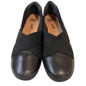 Clarks Collection Women's Black‎ Leather Flats Elastic Strap Comfort Shoes